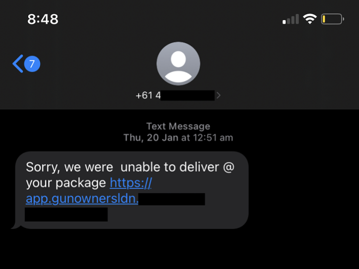 Delivery scam screenshot