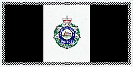Rectangle split into 3 vertical sections with a central image of a disc with an Australian crest and the words 'Australian Federal Police', on a 7-pointed silver star with a crown on top, on a green circular wreath