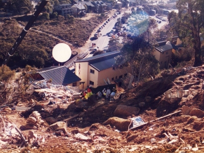 Large illuminated 'balloons' were tethered to the landslide site to provide continuous lighting during the rescue operation at Thredbo 1997 (AFPM5371)