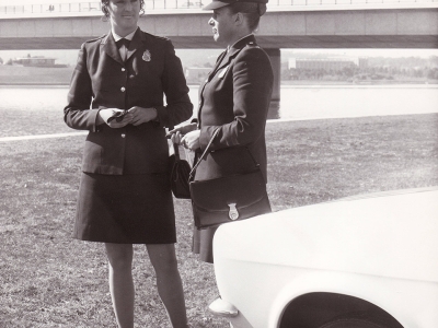 All ACT policewomen were issued with new uniforms by 1972. Worn here by Sue Beatty (Dawson) and Louise Lammin (Baer) at Lake Burley Griffin in Canberra (AFPMRN1679)